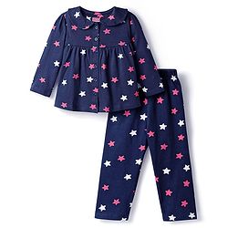 Babyhug Cotton Knit Full Sleeves Co-ords Night Suit With Star Print - Violet