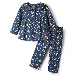 Babyhug Cotton Knit Full Sleeves Co-ords Night Suit With Floral Print - Navy Blue