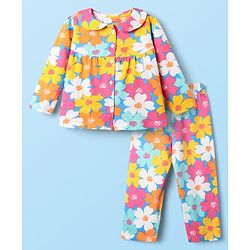Babyhug Cotton Knit Full Sleeves Co-ords Night Suit With Floral Print - Multicolour