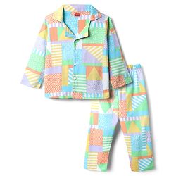 Babyhug Cotton Knit Full Sleeves Front Open Co-ords Night Suit with Abstract Print - Multicolor