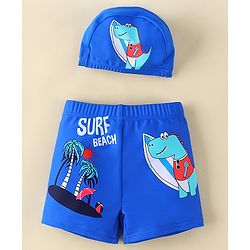 Babyhug Swimming Trunk With Dino Print & Cap - Blue