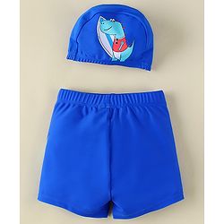 Babyhug Swimming Trunk With Dino Print & Cap - Blue