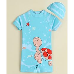 Babyhug Half Raglan Sleeves Legged Swimsuit & Cap - Light Blue