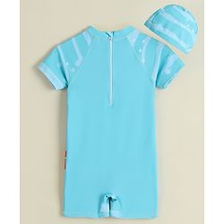 Babyhug Half Raglan Sleeves Legged Swimsuit & Cap - Light Blue