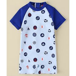 Babyhug Half Raglan Sleeves Legged Swimsuit With Nautical Theme Print - Blue