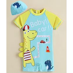 Babyhug Half Sleeves Legged Swimsuit  With Dino Print & Cap - Light Blue