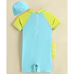 Babyhug Half Sleeves Legged Swimsuit  With Dino Print & Cap - Light Blue