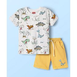 Babyhug Single Jersey Knit Half Sleeves Henley Neck T-Shirt & Shorts Set With Dino Print - White