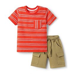 Babyhug Single Jersey Knit Half Sleeves Striped T-Shirt & Shorts Set - Red & Khaki