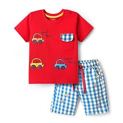Babyhug Single Jersey Knit Half Sleeves T-Shirt & Checks Shorts Set With Car Embroidery - Red & Blue