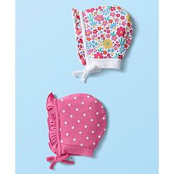 Babyhug 100% Cotton Interlock Knit Cap with Knot Floral Print Polka Dot & Frill Design Pack of 2 Pink - Circumference 29 cm