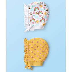 Babyhug 100% Cotton Bonnet Bonnet Caps Floral & Butterfly Print Pack of 2 White & Yellow - Diameter 15 cm