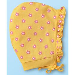 Babyhug 100% Cotton Bonnet Bonnet Caps Floral & Butterfly Print Pack of 2 White & Yellow - Diameter 15 cm