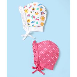 Babyhug 100% Cotton Knit Caps with Polka Dot & Tropical Print Pack of 2 Dark Pink & White - Diameter 14.5 cm