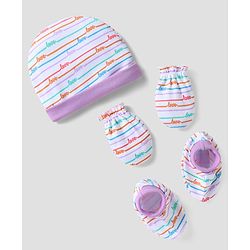 Babyhug 100% Cotton Cap Mittens And Booties With Stripes & Love Printed Lilac -Diameter 14 cm