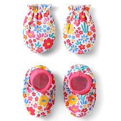 Babyhug 100% Cotton Interlock Knit Mittens & Booties With Floral Print - Pink
