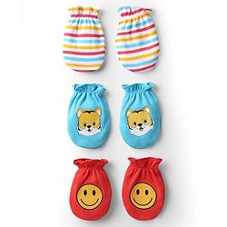Babyhug 100% Cotton Knit Mittens with Animal Print & Stripes Pack of 3 - Red Aqua Blue & White