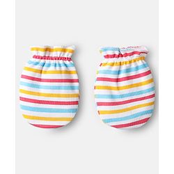 Babyhug 100% Cotton Knit Mittens with Animal Print & Stripes Pack of 3 - Red Aqua Blue & White