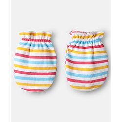 Babyhug 100% Cotton Knit Mittens with Animal Print & Stripes Pack of 3 - Red Aqua Blue & White
