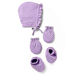 Babyhug 100% Cotton Knit Cap Mittens & Booties With Polka Dot Print Lavender - Circumference 29 cm