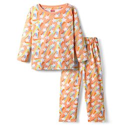 Babyhug Cotton Knit Full Sleeves Co-Ord Night Suit With Star Print - Orange
