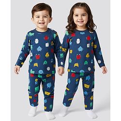 Babyhug Cotton Knit Full Sleeves Printed Co-Ord Night Suit - Navy Blue