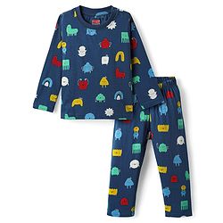 Babyhug Cotton Knit Full Sleeves Printed Co-Ord Night Suit - Navy Blue