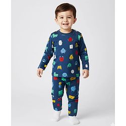 Babyhug Cotton Knit Full Sleeves Printed Co-Ord Night Suit - Navy Blue