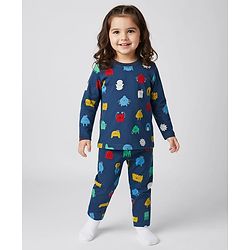 Babyhug Cotton Knit Full Sleeves Printed Co-Ord Night Suit - Navy Blue