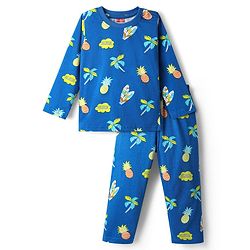 Babyhug Cotton Knit Full Sleeves Co-Ord Night Suit With Tropical Theme Print - Blue