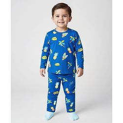 Babyhug Cotton Knit Full Sleeves Co-Ord Night Suit With Tropical Theme Print - Blue