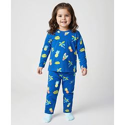 Babyhug Cotton Knit Full Sleeves Co-Ord Night Suit With Tropical Theme Print - Blue