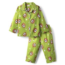 Babyhug Cotton Woven Full Sleeves Front Open Co-Ord Night Suit With Bear Print - Green
