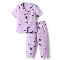 Babyhug Cotton Woven Half Sleeves Front Open Co-Ords Night Suit With Star Print - Lavender