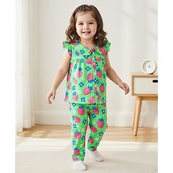 Babyhug Cotton Knit Frill Sleeves Front Open Co-Ord Night Suit with Tropical Print - Green