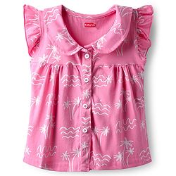 Babyhug Cotton Knit Frill Sleeves Co-ords Front Open Night Suit With Floral Print - Pink