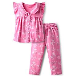 Babyhug Cotton Knit Frill Sleeves Co-ords Front Open Night Suit With Floral Print - Pink