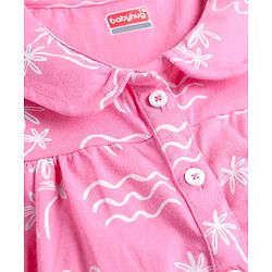 Babyhug Cotton Knit Frill Sleeves Co-ords Front Open Night Suit With Floral Print - Pink