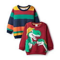 Babyhug Cotton Knit Full Sleeves Pullover Sweatshirts with Dino Print & Color Block Pack of 2 - Multicolor
