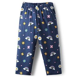 Babyhug 100% Cotton Knit Frill Sleeves Co-ords Night Suit With Floral Print - Navy Blue