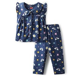 Babyhug 100% Cotton Knit Frill Sleeves Co-ords Night Suit With Floral Print - Navy Blue