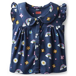 Babyhug 100% Cotton Knit Frill Sleeves Co-ords Night Suit With Floral Print - Navy Blue