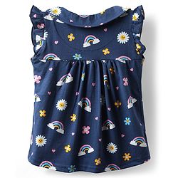 Babyhug 100% Cotton Knit Frill Sleeves Co-ords Night Suit With Floral Print - Navy Blue