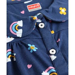 Babyhug 100% Cotton Knit Frill Sleeves Co-ords Night Suit With Floral Print - Navy Blue