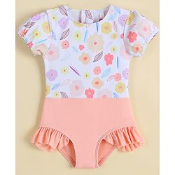 Babyhug Half Sleeves Printed V Cut Swimsuit - Pink