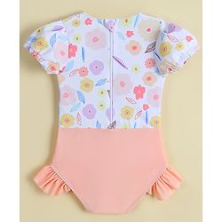 Babyhug Half Sleeves Printed V Cut Swimsuit - Pink