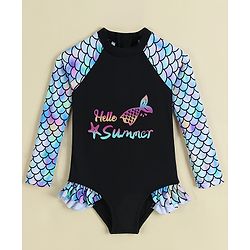 Babyhug Full Sleeves Printed V Cut Swimsuit - Black