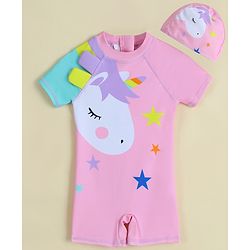 Babyhug Half Raglan Sleeves Legged Swimsuit With Unicorn Print & Cap - Pink