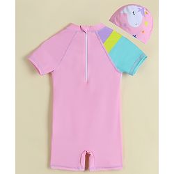 Babyhug Half Raglan Sleeves Legged Swimsuit With Unicorn Print & Cap - Pink