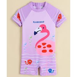Babyhug Half Raglan Sleeves Legged Swimsuit With Flamingo Print - Purple